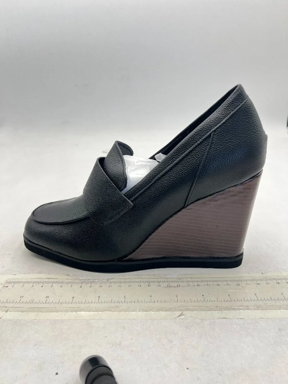 YDN Black Dressy Pump Square Closed Toe Slip On Loafers Wedges High Heeled Shoes